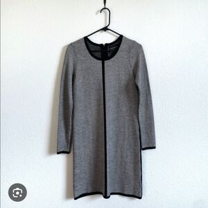 CYNTHIA ROWLEY Merino Wool Dress Herringbone Print Long Sleeve Black Trim SIZE L